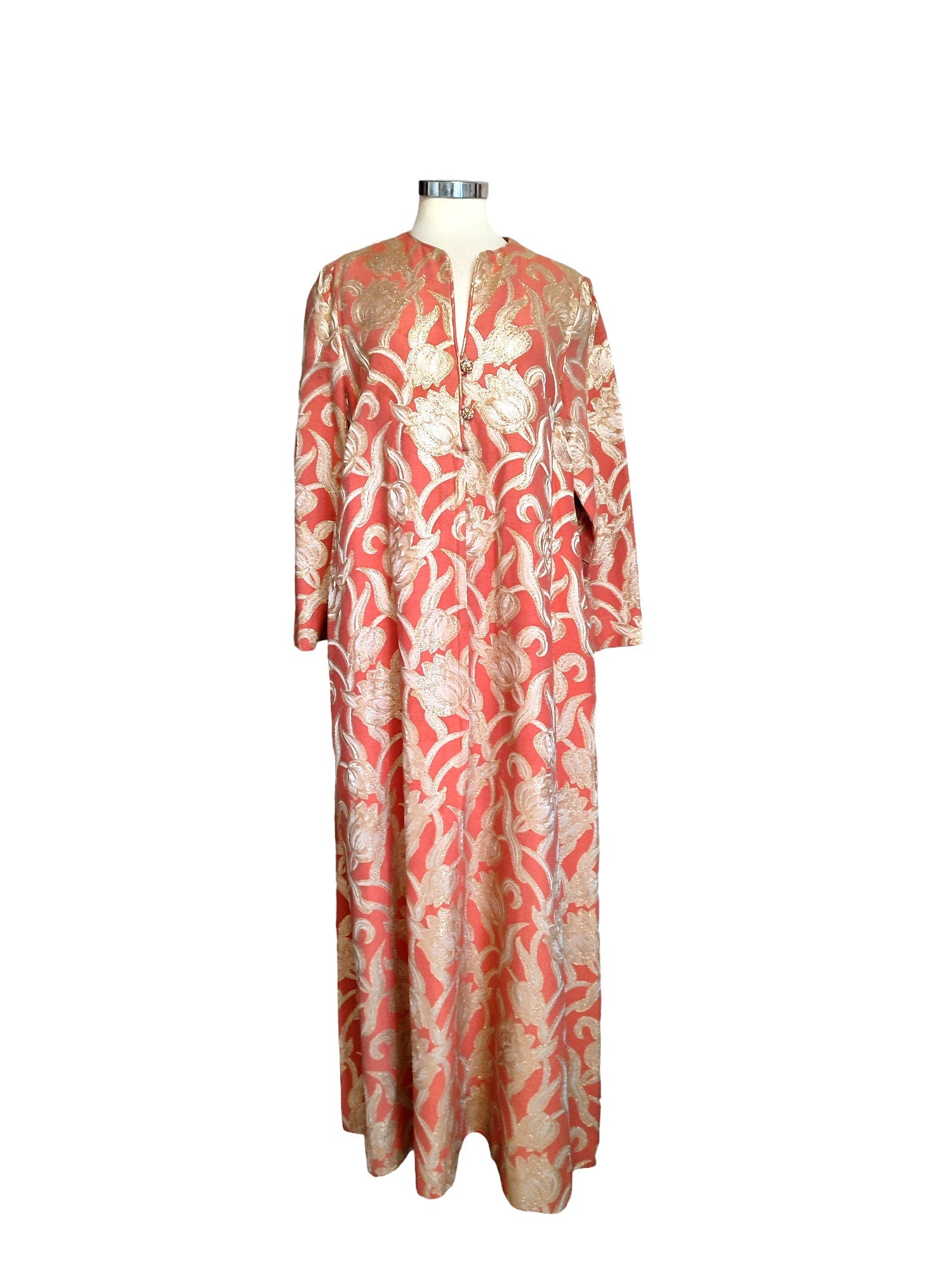 Vintage 60's long caftan dress Saphire Florida  brocade gold orange  flowers