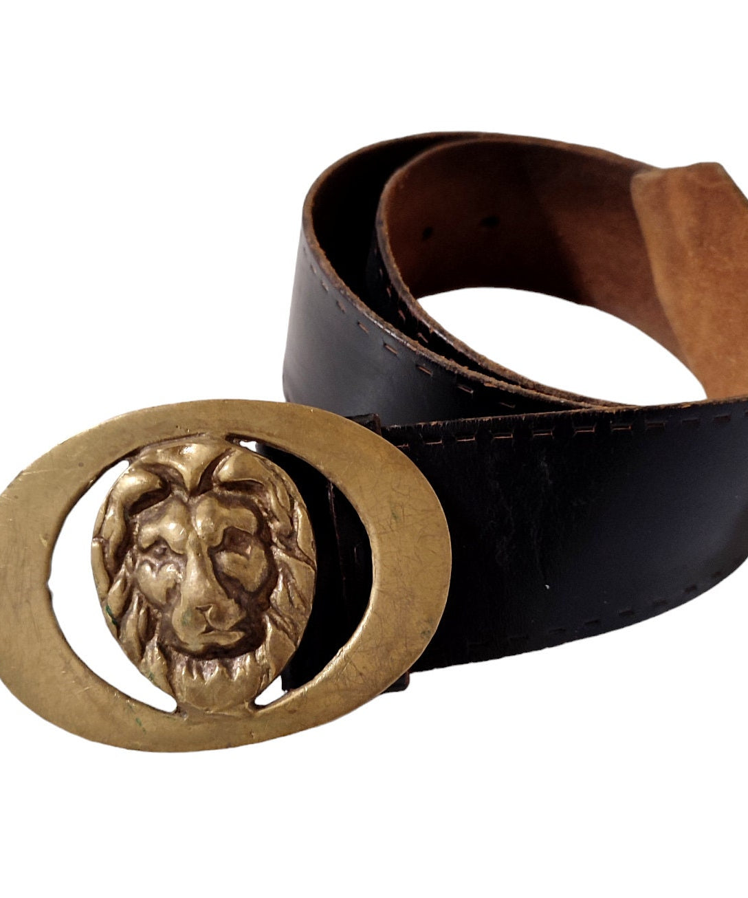 Vintage 60's black leather belt lion head brass buckle