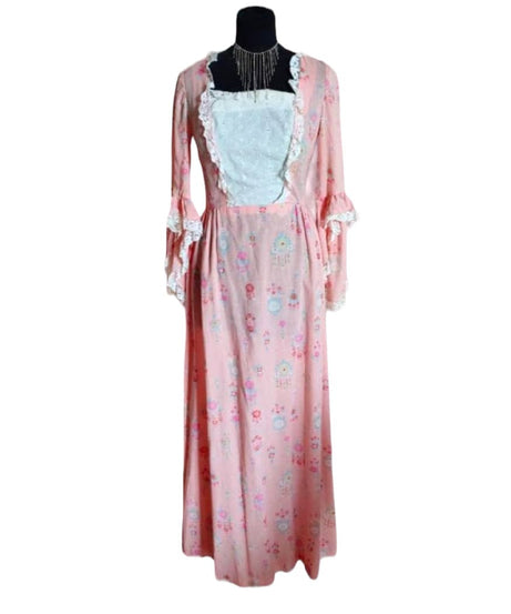 New Bohemian vintage 60s long dress, pink, white, flowers and lace costume