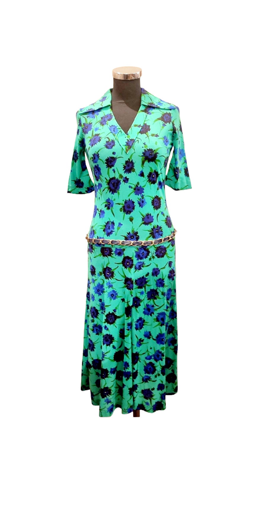 Ken Scott vintage 70s  midi dress S/XS blue green flowers short sleeves