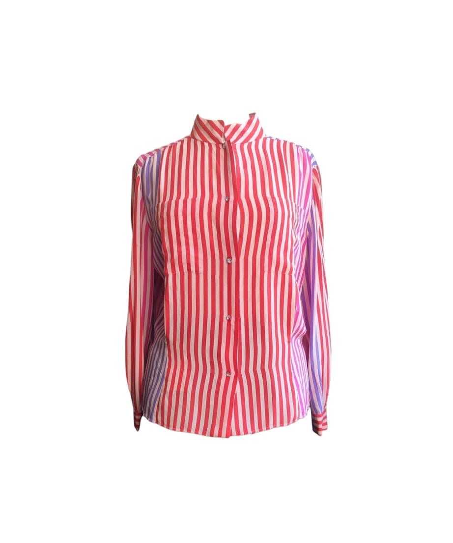 Vintage 70s womens blouse striped silk  jewel buttons long sleeves white red fuchsia