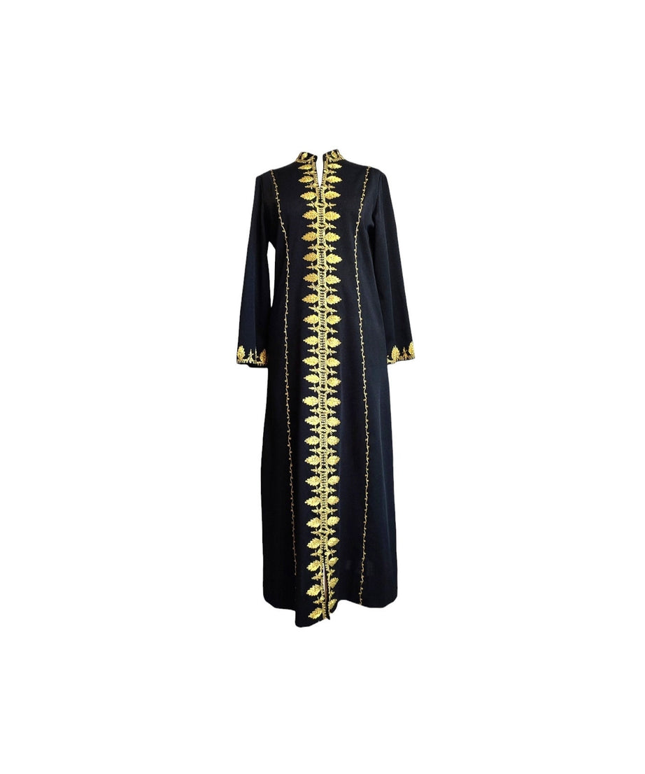 Vintage 60s long black and gold caftan dress hand stitched