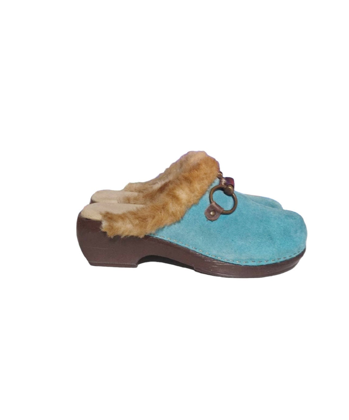 Vintage 70s clogs light blue suede  beige fur  buckle EU 37 US wo's 6.5