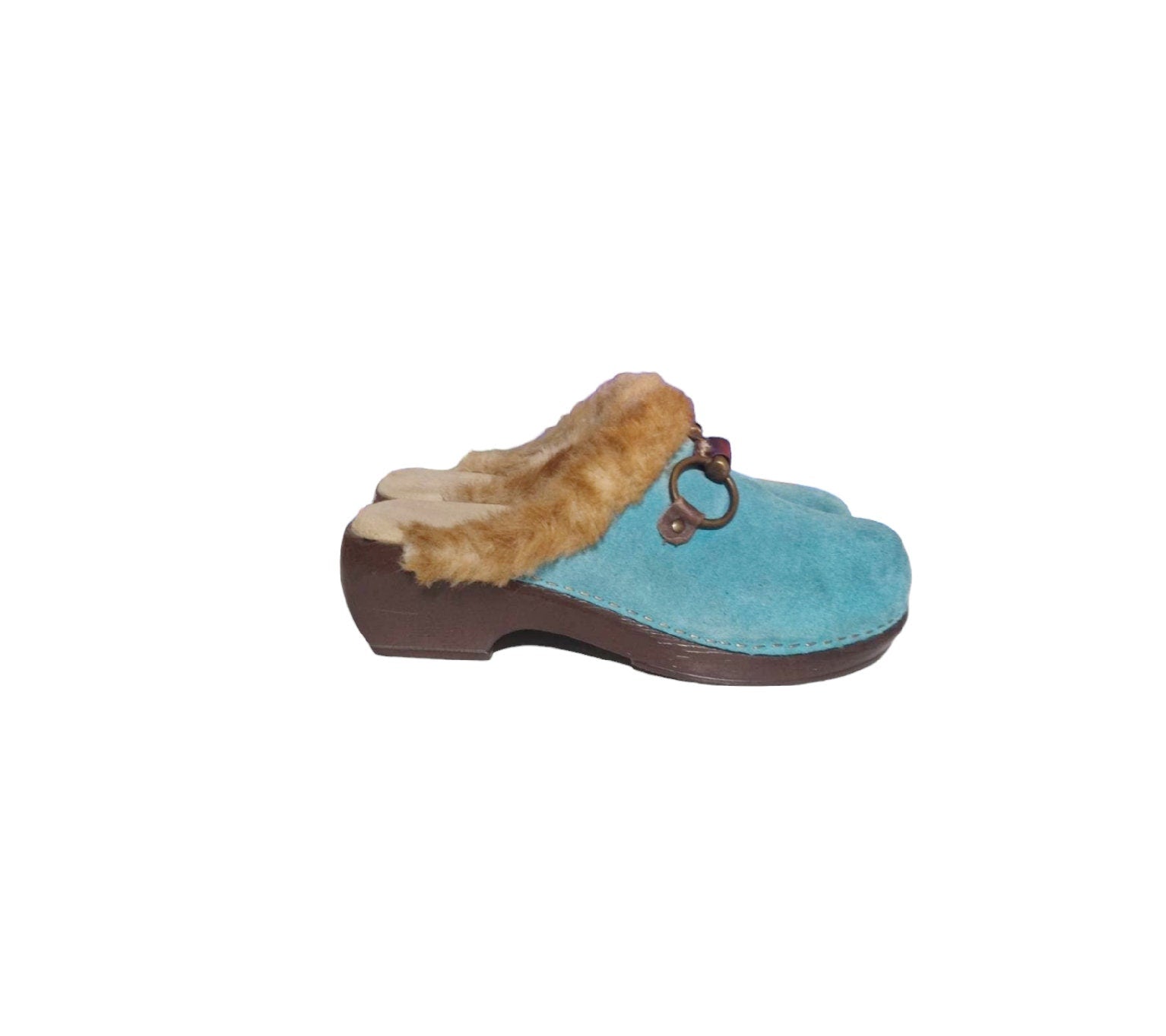 Vintage 70s clogs light blue suede  beige fur  buckle EU 37 US wo's 6.5