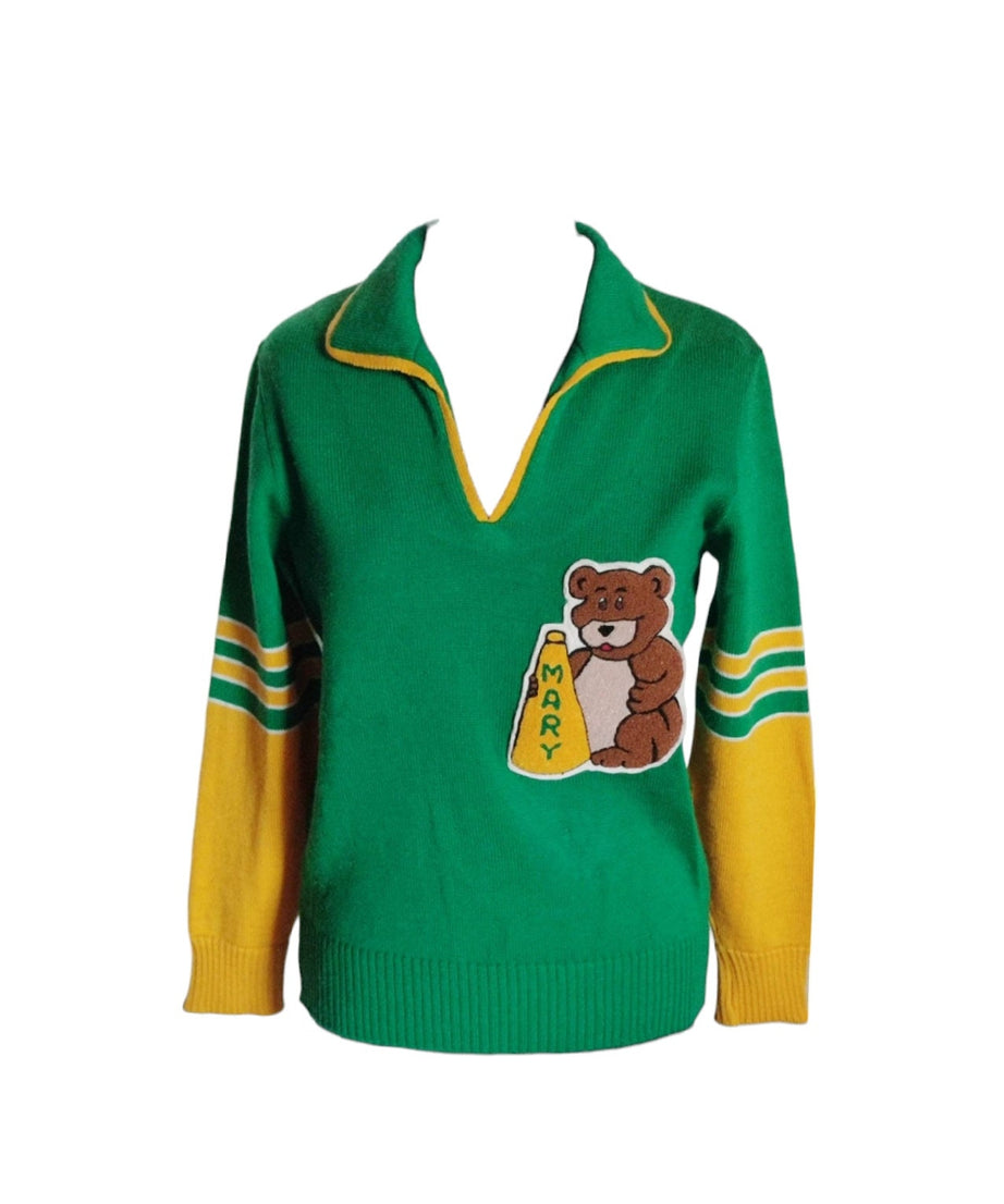 Vintage cheerleader sweater 70's Mary wool green yellow teddy bear Lasley knitting