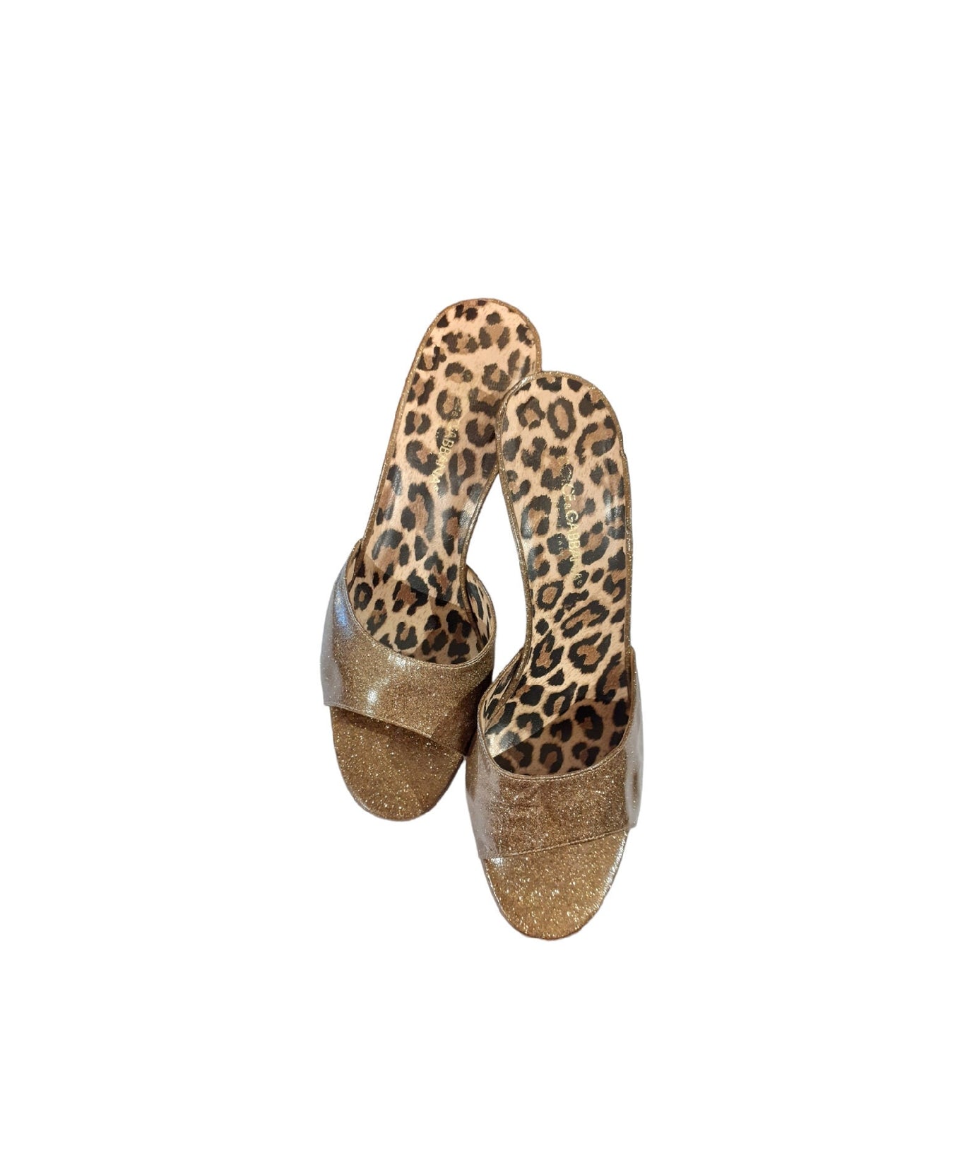 DOLCE E GABBANA  mules eu 37.5 uk 5 us wos 7 spotted golden glitter high stiletto heels animalier