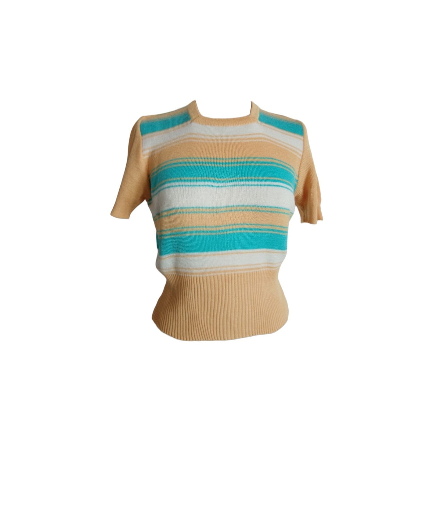 70s rockabilly women's striped short sleeved knitted sweater blue yellow white