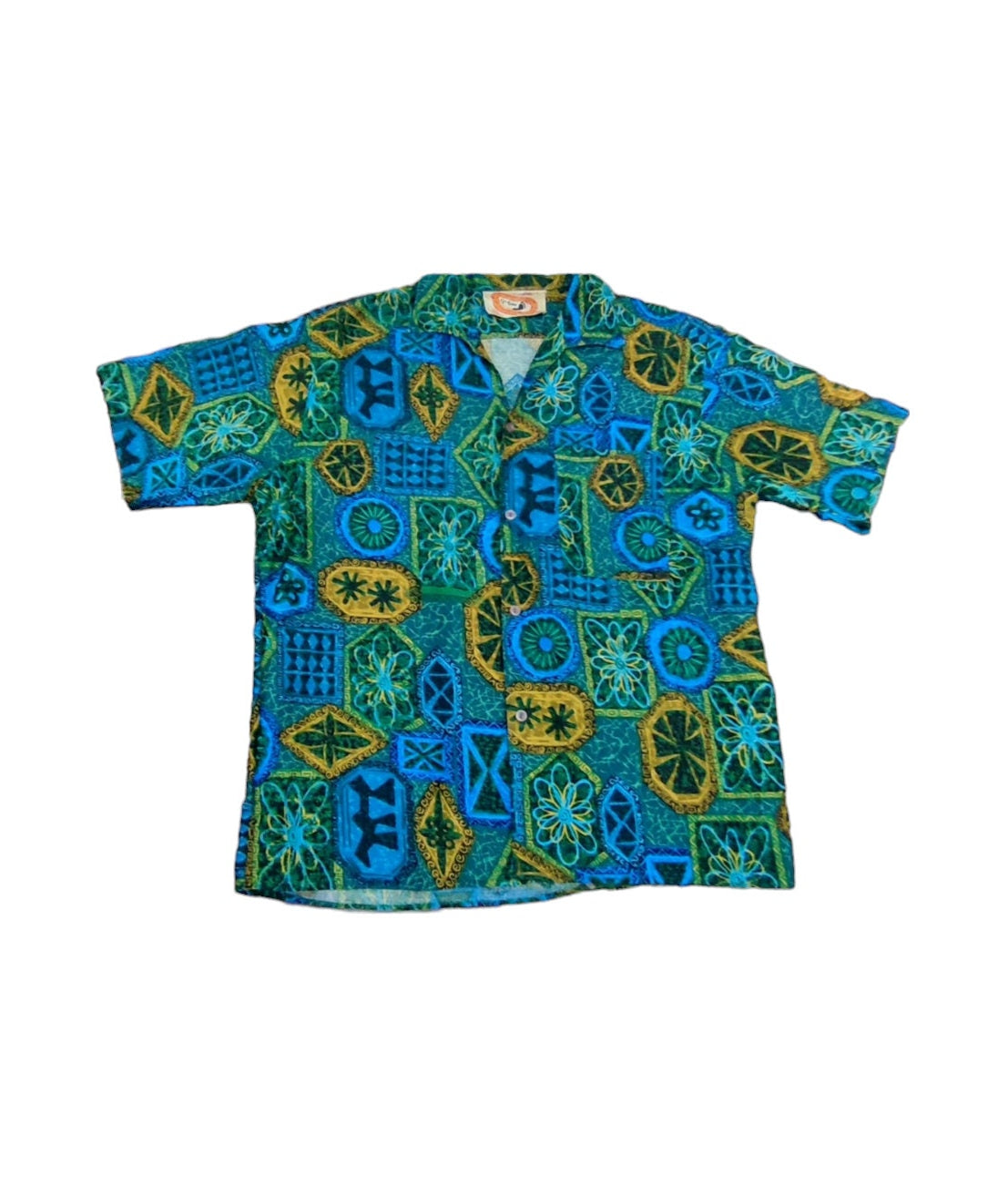 Camicia hawaiana vintage "Go Bare"  M cotone  blu verde marrone