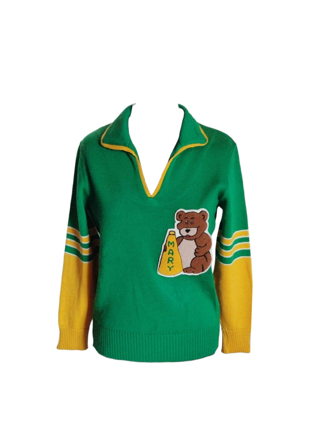 Vintage cheerleader sweater Anny 70 Mary Lana green yellow teddy bear Lasley knitting