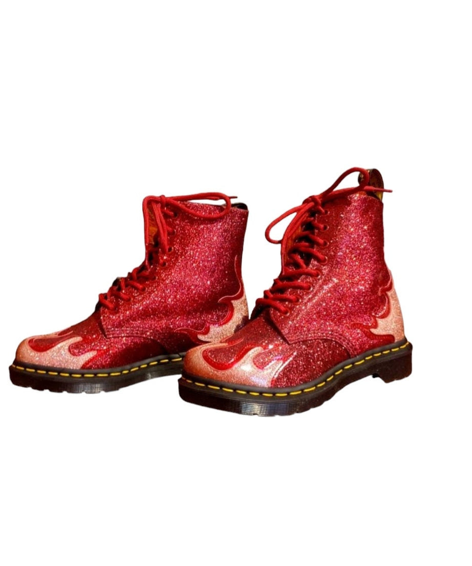 Dr Martens red glitter combat boots pascal flame 1460 UK 4 EU 37